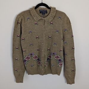 Herman Geist Hand Embroidered Floral Cardigan Sweater M Cottagecore Boho Spring